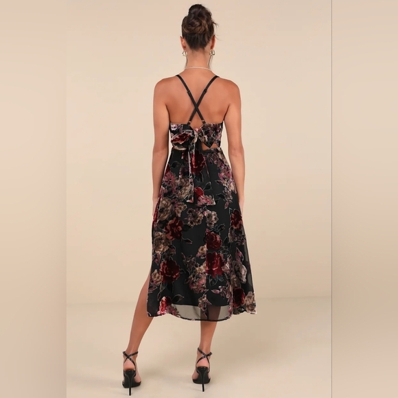 Lulus Exuberant Vibes Black Floral Velvet Burnout Tie-Back Midi Dress Wedding - Picture 5 of 10